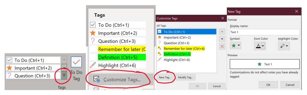 Screenshot images showing in OneNote how to add a new tag to your notes.